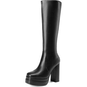 Women's Black Platform Heeled Knee High Boots Long Chunky Tall Gogo Boots